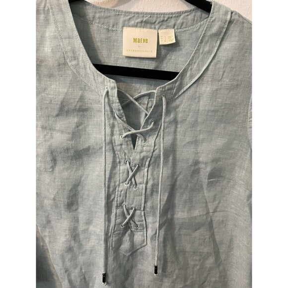 Maeve Anthropologie Blue Linen Lace Up Tab Sleeve Top Sz 2 - Picture 3 of 11
